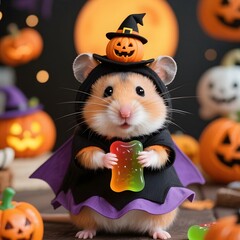 4k high quality Ai generative HD art work photo realistic Halloween pumpkin witch cute ghost spooky scary outfit costume pet hamster gummy bear candy