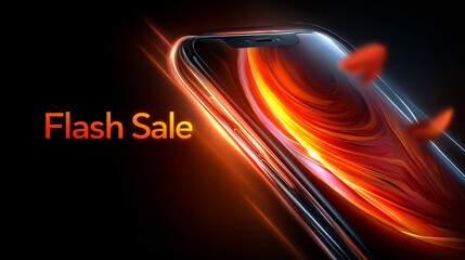 Flash Sale Handy Werbebanner mit leuchtenden orangefarbenen Lichtstreifen und dynamischer Bewegungsunschärfe auf dunklem Hintergrund