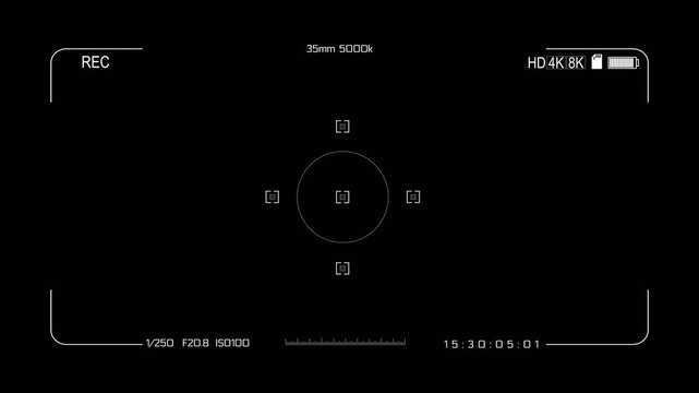 Camera recording screen overlay with alpha channel. Dslr camera frame viewfinder, screen of video recorder digital display with multiple settings. 4k