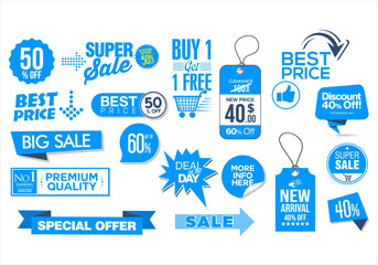 Premium, high quality and sale emblem and badges blue color isolated on white background 