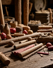 Wooden craft tools on a rustic wooden table, with a focus on the materials and tools of woodworking and handicraft