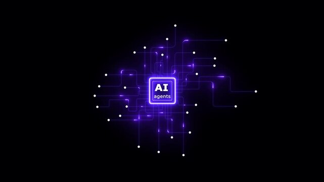 Purple AI Agents Circuit Board Network with Glowing Nodes on Black Background artificial intelligence