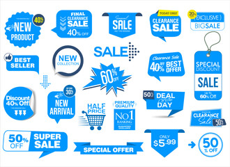 Premium, high quality and sale emblem and badges blue color isolated on white background 