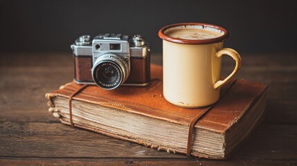 Vintage camera rests atop an aged leather book next to a warm mug of coffee, evoking nostalgia and creative inspiration for storytellers.