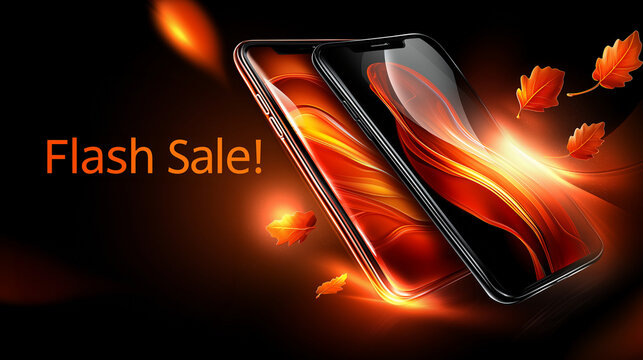 Flash Sale Handy Werbebanner mit leuchtenden orangefarbenen Lichtstreifen und dynamischer Bewegungsunschärfe auf dunklem Hintergrund