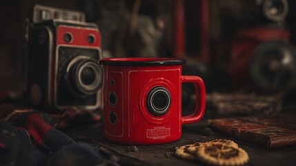 Capturing vintage vibes with a retro camera and a bold red enamel mug, perfect for cozy moments and creative inspiration.
