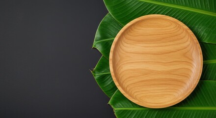 Empty wooden plate on a dark background, partially set on a stack of vibrant banana leaves