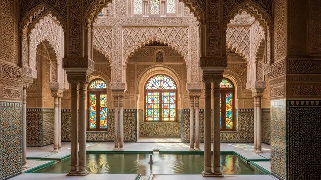 Interior of a Moroccan Riad Courtyard with a Fountain and Stained Glass Windows.