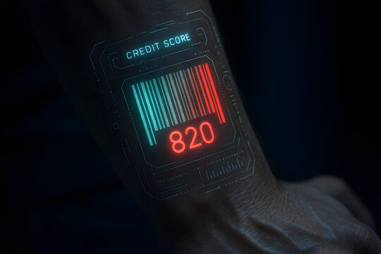Futuristic barcode credit score tattooed glowing on human arm. Concept of digital identity, social rating, AI surveillance and technological control in dystopian society