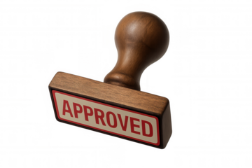 Wooden rubber stamp with approved text in red, symbolizing acceptance, quality, and official confirmation on transparent background