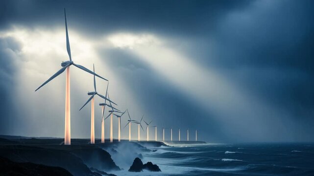 Dramatic row of wind turbine generators on sea coast producing renewable power and energy with hopeful sunbeams