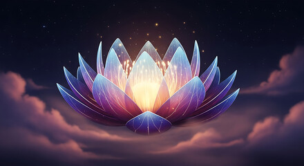 Ethereal glowing lotus flower blooming in a mystical cosmic sky with soft clouds
