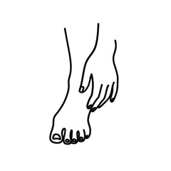 Minimalist line art drawing of a hand gently touching a bare foot and ankle