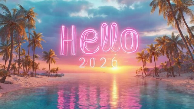 Neon pink Hello 2026 sign over a tropical sunset beach with palm trees and calm water.