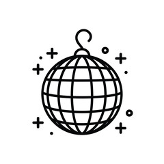 Simple line art icon of a disco ball hanging with sparkles and stars
