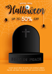Halloween advertising poster with black product stage in a gravestone and Halloween decorated object, wording of event on orange background. All in papercut style and vector design.