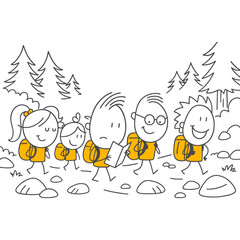 Fototapeta premium The Journey Begins Group Hike on Forest Paths The Cheerful Strides of the Leader with Glasses and Their Companions.