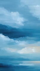 A serene abstract painting featuring varying shades of blue and soft clouds, evoking a tranquil sky and calm waters.