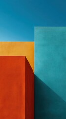 A vibrant geometric composition featuring bold red, blue, and yellow structures under a clear blue sky, showcasing modern architectural design.