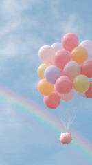 A whimsical scene of a piglet floating among colorful balloons under a blue sky with a rainbow in the background.