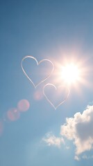 Two heart shapes float in a bright blue sky, illuminated by a shining sun and surrounded by soft clouds, evoking feelings of love and joy.
