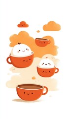 Cute illustration of smiling cups with fluffy tops, floating in a whimsical orange cloud background, evoking a playful and cheerful atmosphere.
