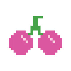 Pixel Art Pink cherry Isolated Vector Illustration. Pixel art style illustration of pink cherries with a vibrant green stem.
