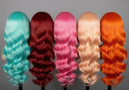 Vibrant wigs in rainbow colors displayed on stands - Powered by Adobe