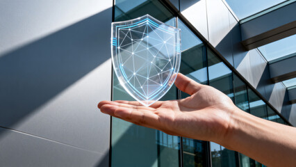 Hand holding digital shield in front of building