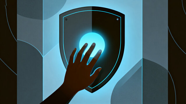 Hand touching glowing shield icon