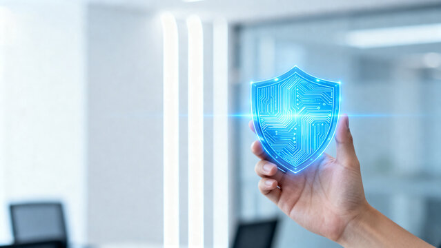 Hand holding digital shield in office