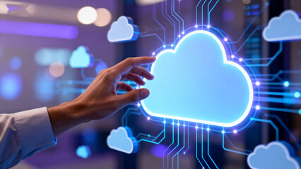 Hand interacting with cloud computing icon