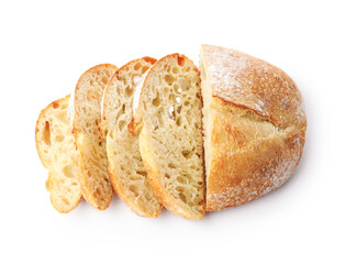 Loaf of fresh cut bread isolated on white, top view