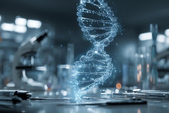 A hologram of DNA strands floats above a lab table, symbolizing the future of biotechnology.