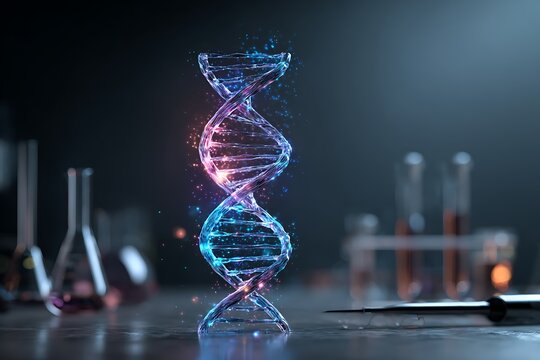 A hologram of DNA strands floats above a lab table, symbolizing the future of biotechnology.