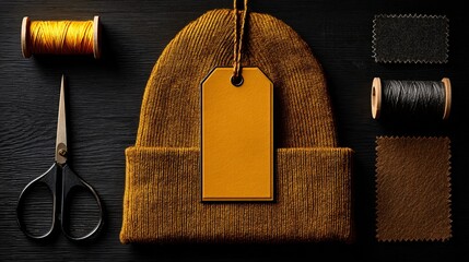 Discover stylish knit hat with blank tag, threads, and fabric swatches for your clothing brand designs or social media campaigns now!