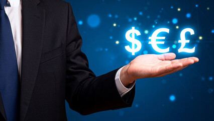 Businessman with currency symbols on hand