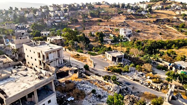 Aerial view of destroyed buildings and rubble in a war torn urban landscape.