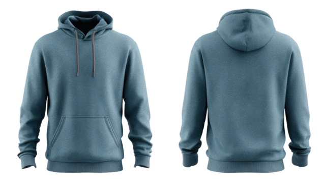 Dusty blue hoodie, front and back views