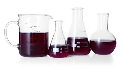 Different laboratory glassware with color liquid isolated on white