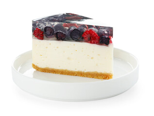 Piece of delicious cheesecake with berries isolated on white