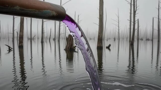 Purple liquid pouring into murky water amidst dead trees