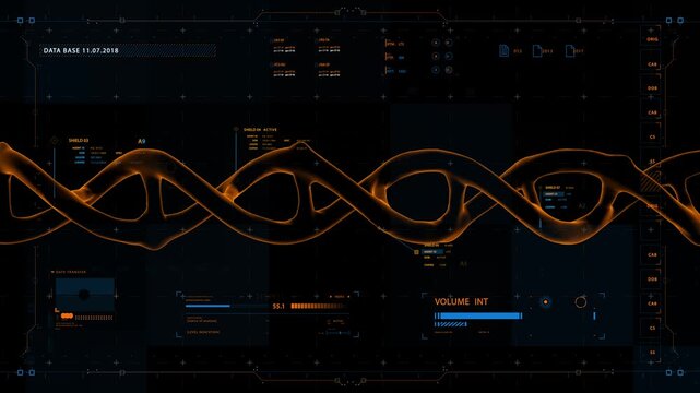 Futuristic DNA strand visualization with digital interface and data display. - Powered by Adobe
