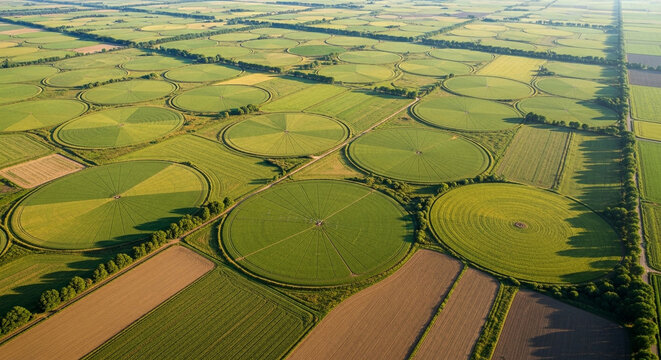 Aerial view of agricultural fields with circular irrigation systems, creating a patchwork of green and brown patterns in countryside - Powered by Adobe