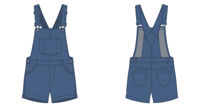 Denim overalls fashion technical drawing with front and back views displayed