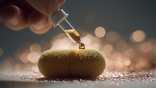 A dropper releases liquid onto a textured capsule, with the dropper and capsule catching light. The liquid and capsule create a focal point against a blurred background.