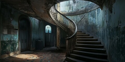 Mysterious Interior Featuring Spiral Stairs and Distressed Walls, Evoking Decay and Seclusion