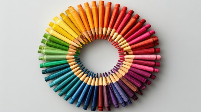 Colored pencils arranged in a circle on a white background, points facing inward, creating a radial pattern.