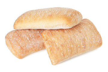 Three tasty fresh ciabattas isolated on white