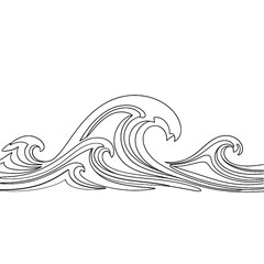 Stylized black and white line art drawing of ocean waves breaking